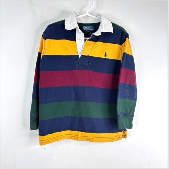 Polo Ralph Lauren Christmas Striped Rugby Shirt 4T Elbow Patches Collared Preppy - Picture 1 of 11